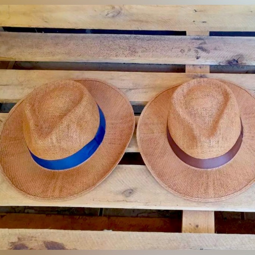 Cowboy beach hat with ribbon detail. 100% handmade in from jute. Tan brown.